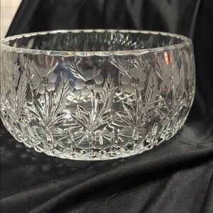 Clear Cut Glass Crystal Bowl with Engraved Floral Pattern